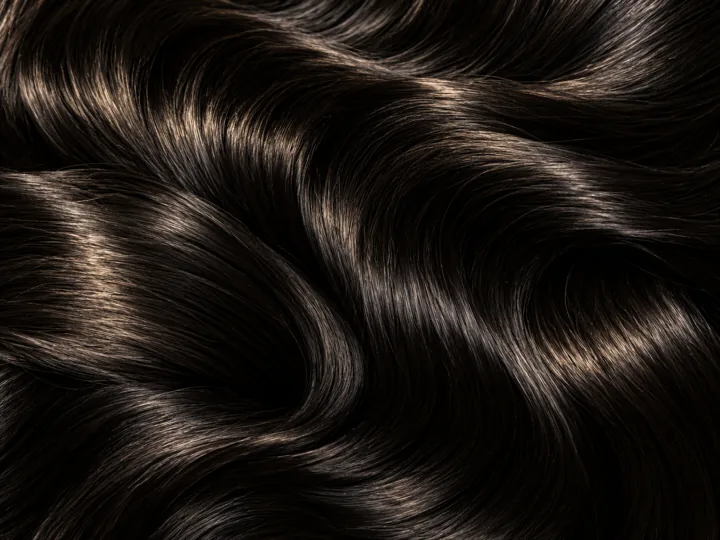 Glossy sculpted black hair waves