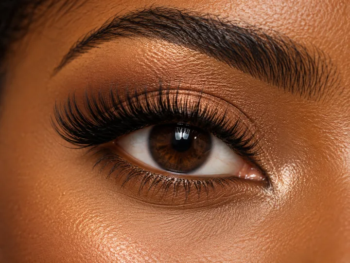 Detailed view of curled eyelash extensions