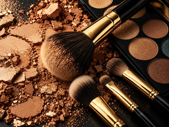 Gold makeup brushes and warm bronze powders