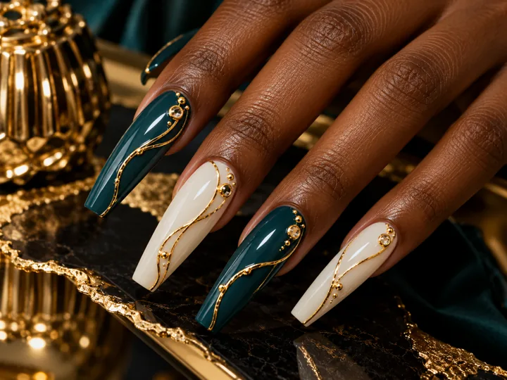 Teal and ivory manicure with gold detailing